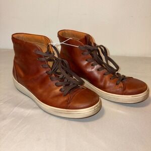 Ecco Leather High Top Sneaker Shoes Brown Mens Casual Comfort Walking Size 6-6.5